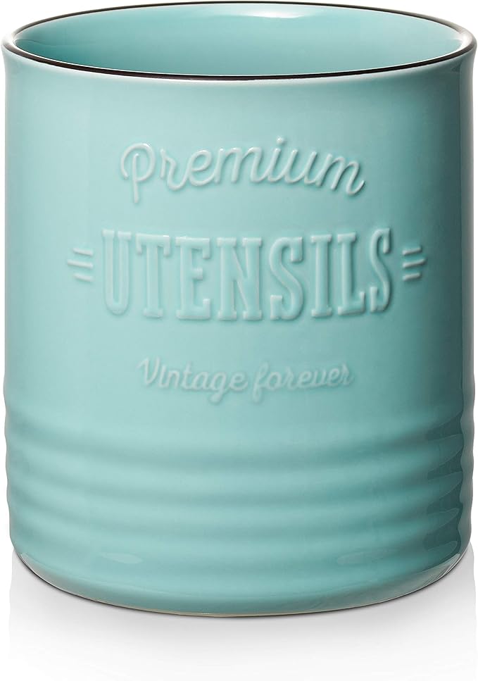 DOWAN 7.2″ Extra Large Kitchen Utensil Holder - Farmhouse Utensil Holder for Countertop - Ceramic Utensil Crock with Protection Cork Mat - Kitchen Decor & Housewarming Gift (Turquoise)