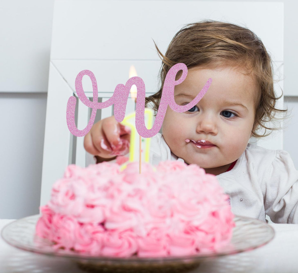 First Birthday Cake Topper - Pink Glitter One Cake Decorating Supplies for Girls and Boys, Perfect for Baby Shower/Gender Revealing Party/Baby Party Photo Booth Props