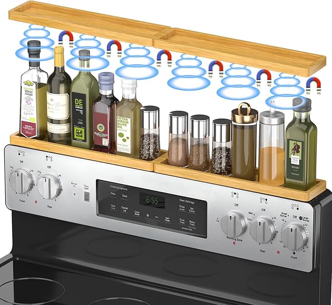 PEKER Magnetic Stove Top Shelf for 30" Stoves, Over Oven Shelf Above with Bamboo Spice Rack Organizer, Heat-Resistant, Space-Saving Solution for Kitchen Storage