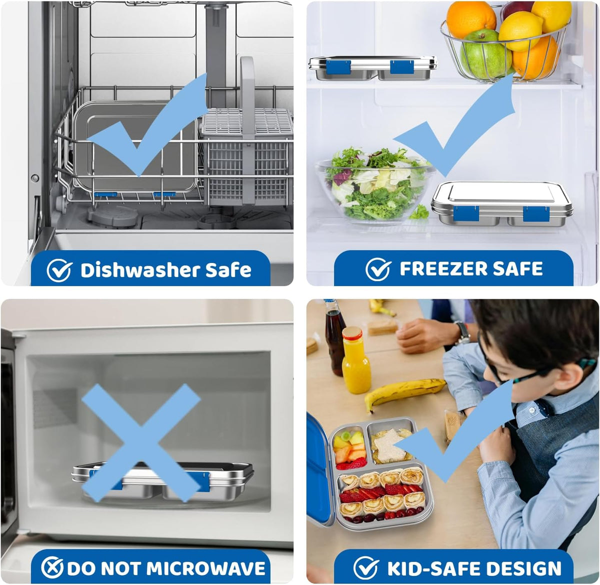 Stainless Steel Lunch Box 1000ml - 3 Compartment Bento Box for Kids & Adults, Leakproof Food Container, BPA-Free Metal Lunch Box with Silicone Seal, Eco-Friendly/Dishwasher Safe (Blue)