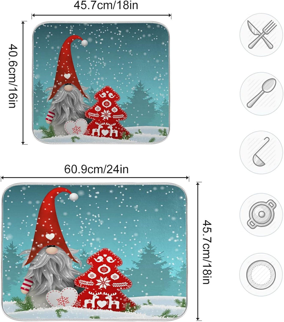 Super Absorbent Dish Drying Mat, Microfiber Fast-Drying Dish Mat, 16" x 18", Kitchen Dish Drying Pad, Watercolor Cute Christmas Gnome…
