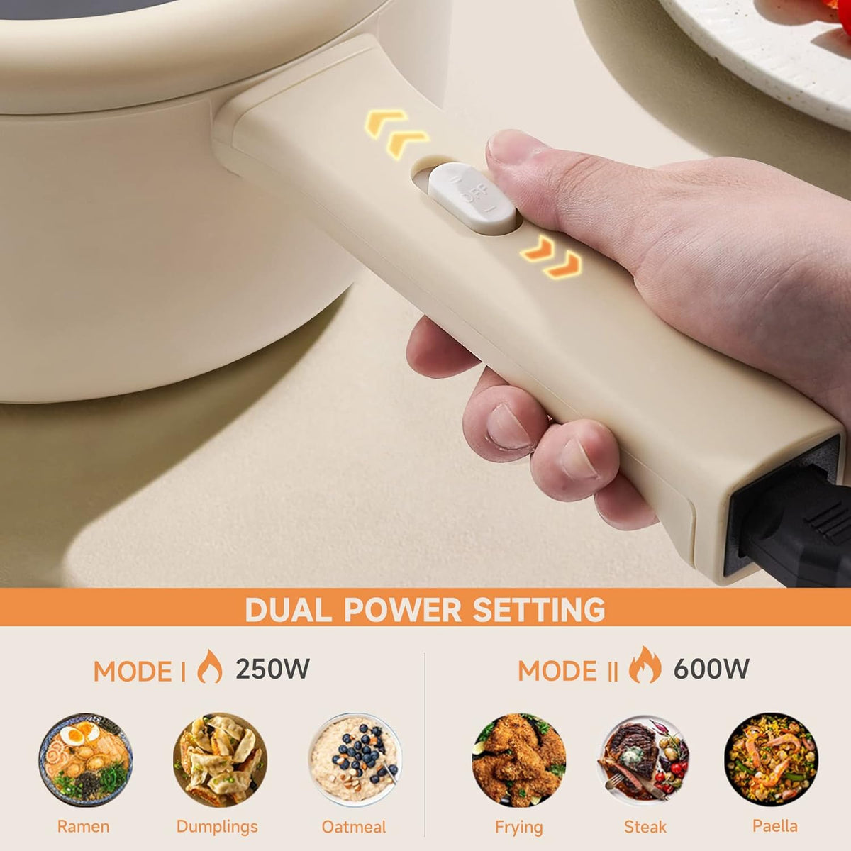 Dezin Electric Cooker, 2L Non-Stick Sauté Pan, Rapid Noodles Cooker, Mini Pot for Steak, Egg, Fried Rice, Ramen, Oatmeal, Soup with Power Adjustment, College Dorm Room Essential