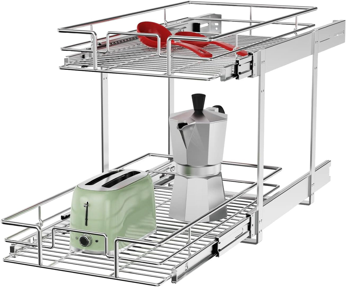 ROOMTEC Individual Pull Out Cabinet Organizer (11½" W x 21½" D), 2 Tier Spice Rack Organizer for Cabinet, Slide Out Drawer Pantry Shelf Organization and Storage for Kitchen Bathroom