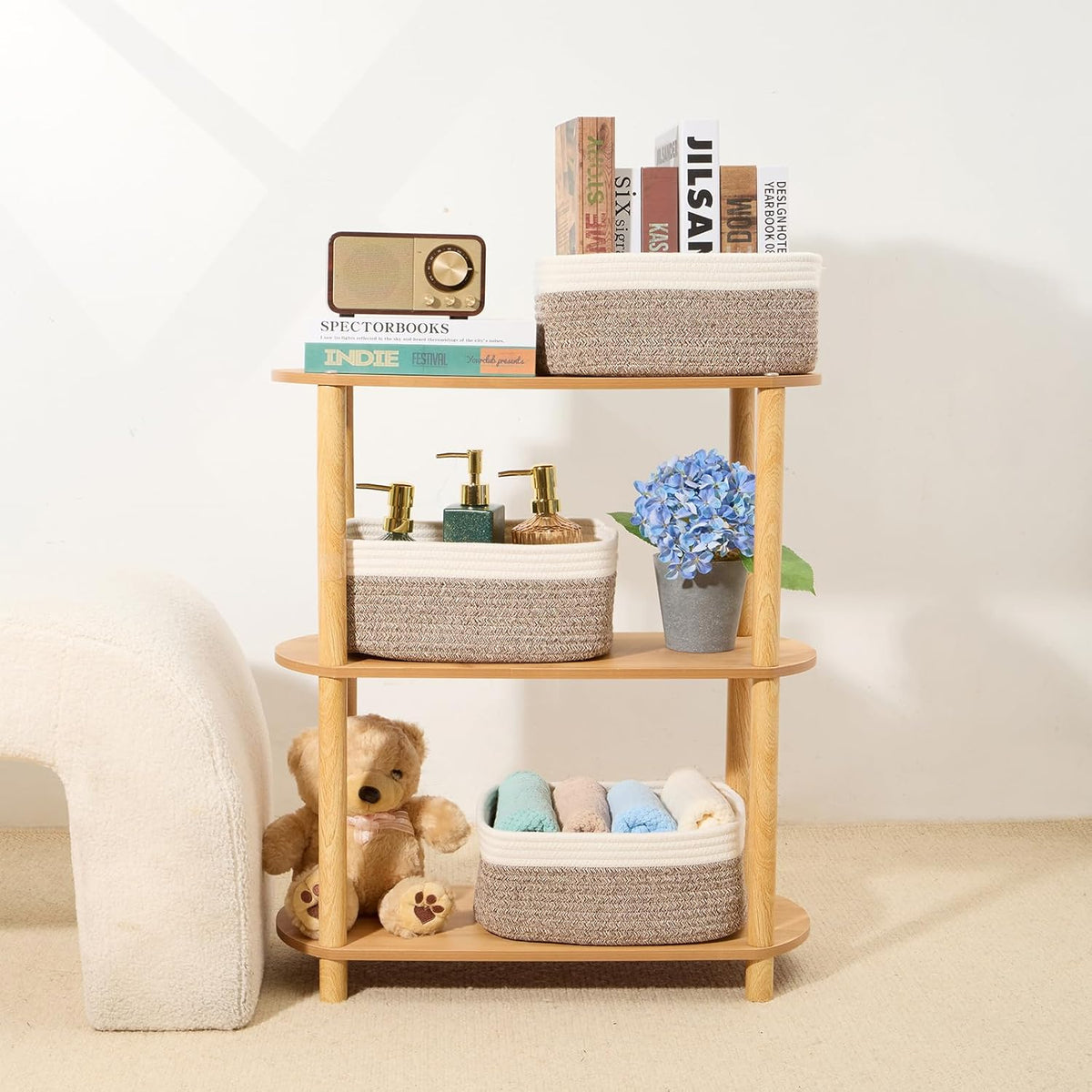 Small Storage Baskets for Organizing | Closet Organizer Bins | Shelf Toy Basket | Woven Rope Baskets | Cube Decorative Box | Shallow Basket | 13x8.5x5.1” | 3 Packs White Brown