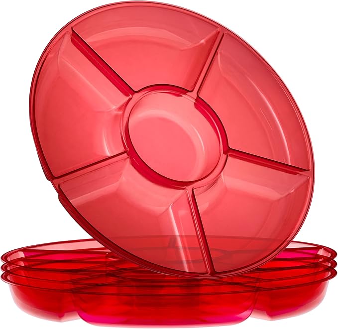 Plasticpro 6 Sectional Round Plastic Serving Tray/Platter (2, Red)