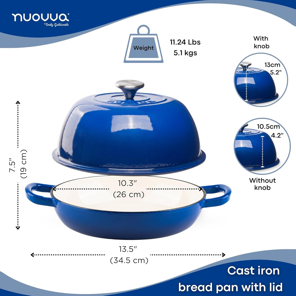 Enamelled Cast Iron Dutch Oven Pot – Dutch Oven For Sourdough Bread Baking – Cast Iron Bread Pot – Dark Blue, 6 Quarts, 22cm – by Nuovva
