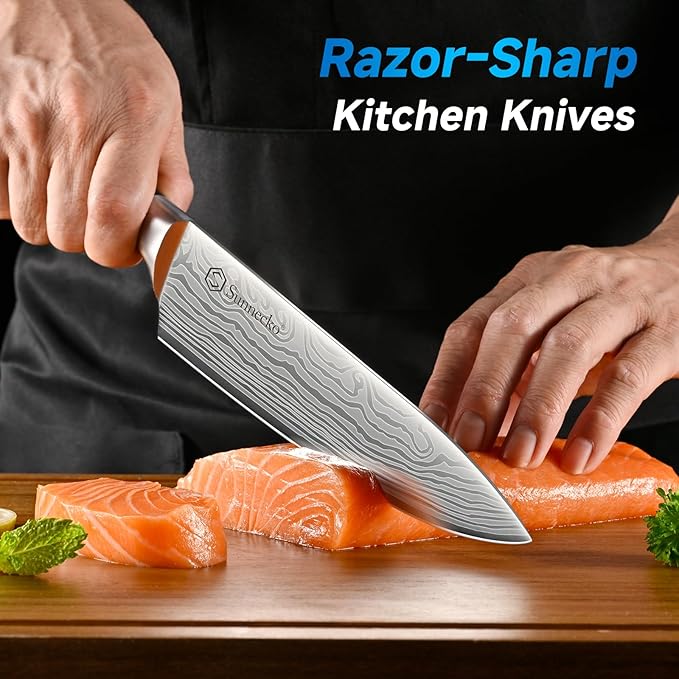 Sunnecko Knife Set with Block and Sharpener, 15 PCS Kitchen Knife Block Set Sharp Kitchen Knives High Carbon Stainless Steel with Pakkawood Handles