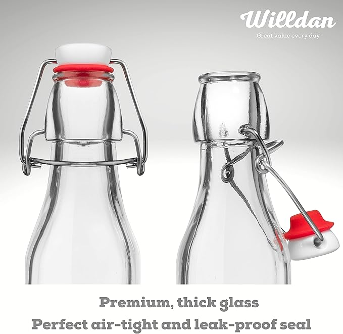 WILLDAN Set of 6-8.5oz Swing Top Glass Bottles - Flip Top Brewing Bottles For Kombucha, Kefir, Vanilla Extract, Beer - Airtight Caps and Leak Proof Lids, Bonus Gaskets and Funnel
