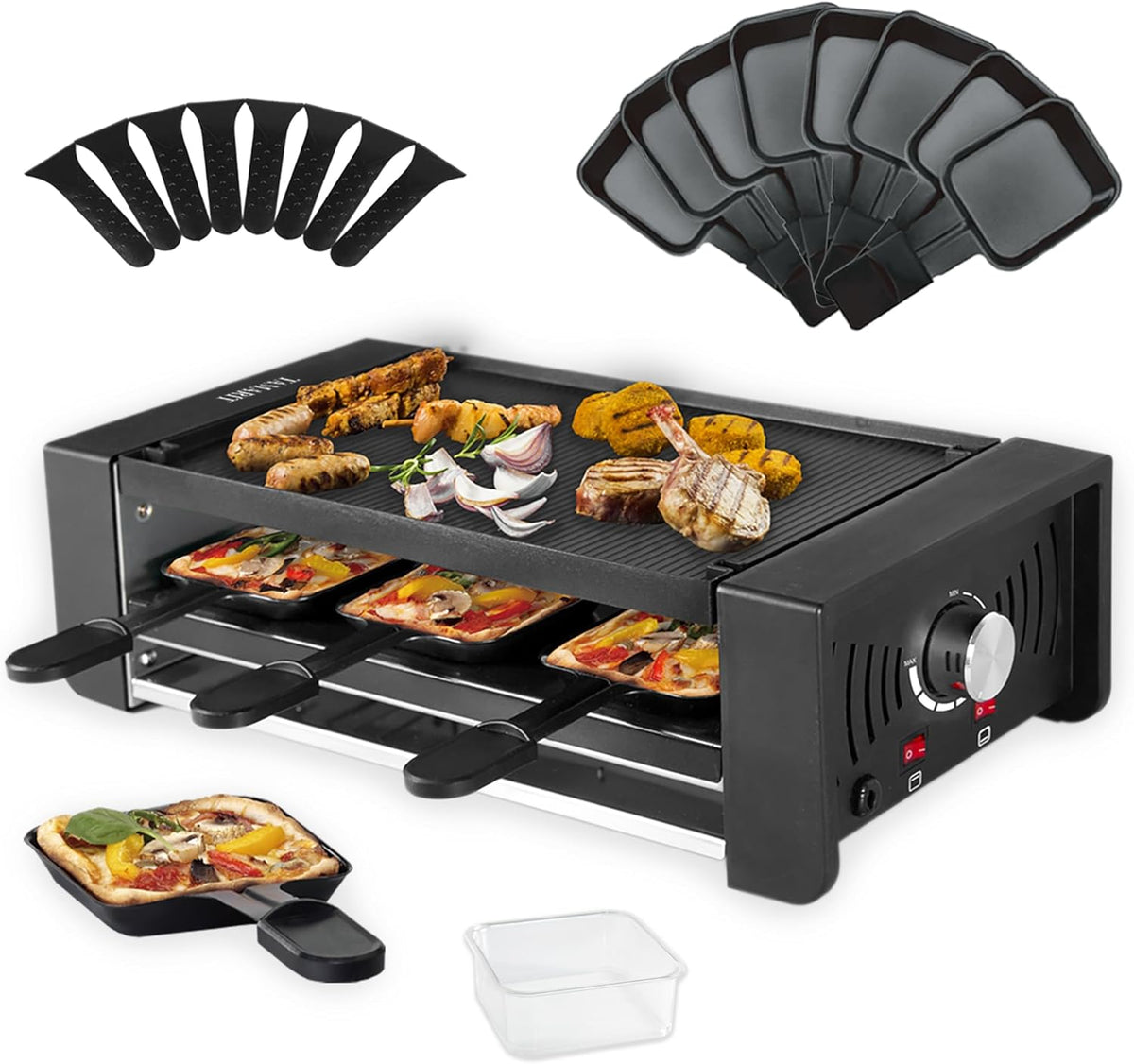 TAMARIT Raclette Party Grill Portable Indoor Electric Korean BBQ Grill 2 in 1 Raclette Table Grill with Nonstick Coating Grill Plate 4 Pizza Pans 8 Cheese Trays Upper & Lower Heater,PFAS-No
