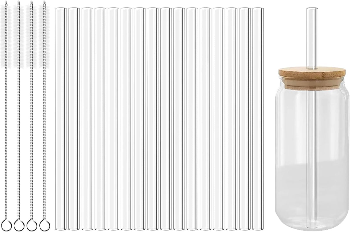 Lazycorner Reusable Glass Straws Set 16 Pcs 8.5''x 10MM Straight Clear Glass Drinking Straws, Set of 16 with 4 Cleaning Brushes. Reusable Straws Perfect For Smoothies, Tea, Juice-Clear Cocktail.