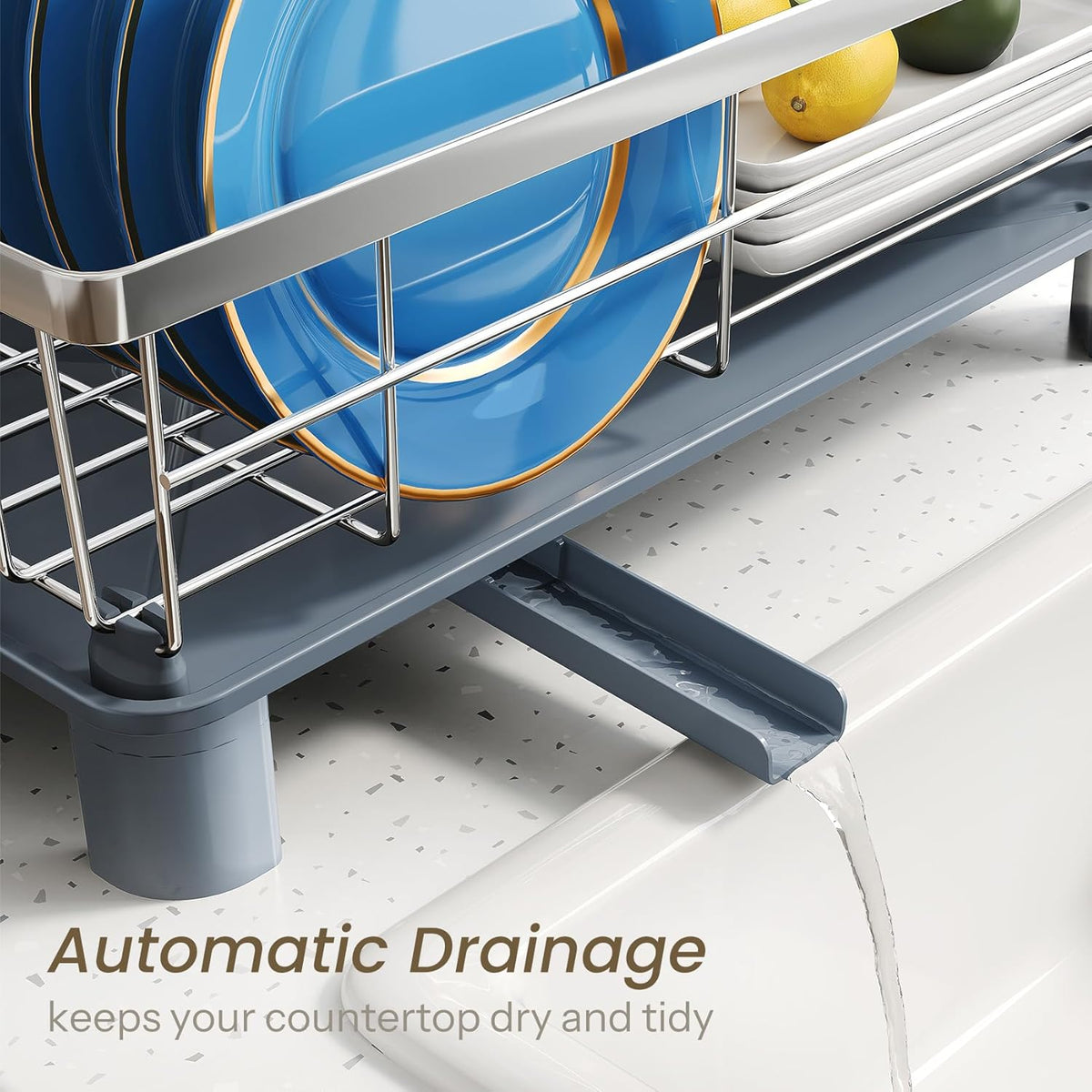 Dish Drying Rack - Small Dish Rack for Kitchen Counter, Stainless Steel Dish Drainer with Utensil Holder and Drainboard (Silver)