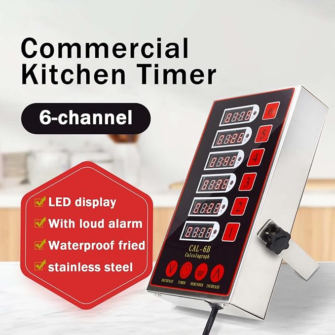 6 Channel Digital Commercial Kitchen Timer Cooking Reminder Loud Ring Alarm