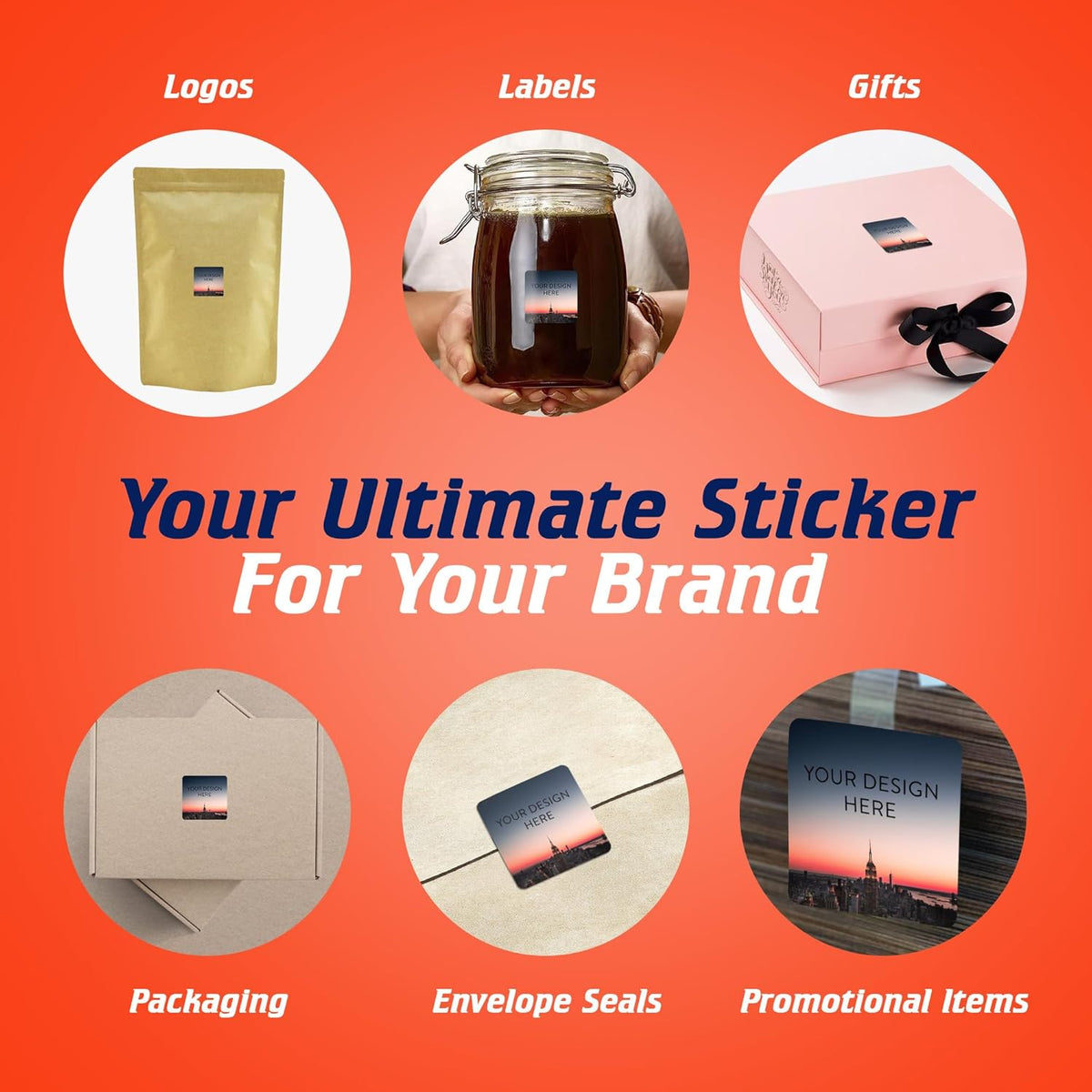 100 Custom Vinyl Stickers - Upload Your own Image, Text, Design, Logo - Personalized Logo Labels for Handmade, Packaging, Bottle, Jars, Candle, Brand Stickers (City, 2x2 Square)