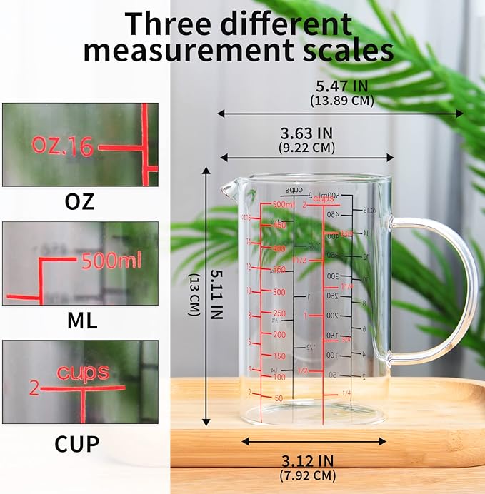 77L Glass Measuring Cup, [Double-Sided Measuring Scale, Insulated handle, V-Shaped Spout], High Borosilicate Glass Measuring Cup for Kitchen or Restaurant, Easy To Read, 500 ML (0.5 Liter, 2 Cup)