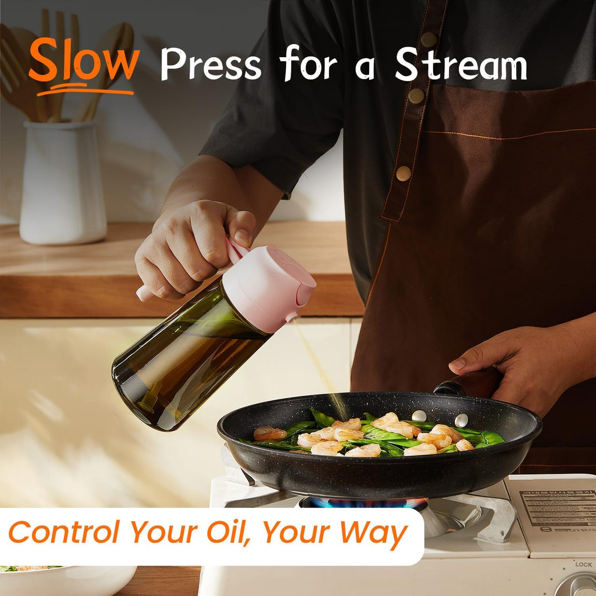 TrendPlain - Original 16oz/470ml Olive Oil Dispenser Bottle for Kitchen Gadgets and Air Fryer Accessories - Olive Oil Sprayer for Cooking w/Stickers - Peach