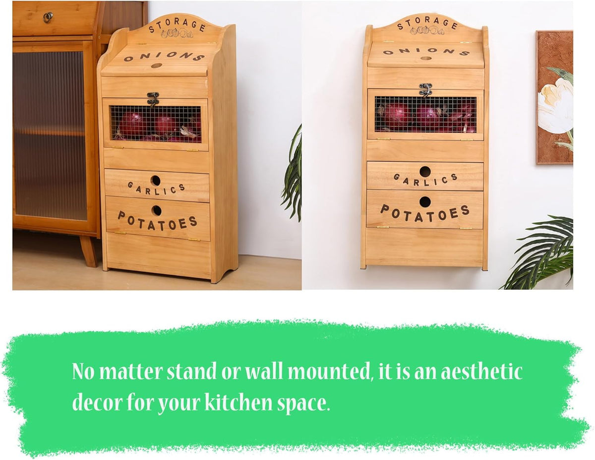 Potato Bin Veggie Organizer Rustic Pine Wood Potato, Onion & Garlic Storage Bin | Kitchen Organizer | Solid Wood Veggie Box | Compact Kitchen Box (13.77" L x 7.1" W x 29.3" H)
