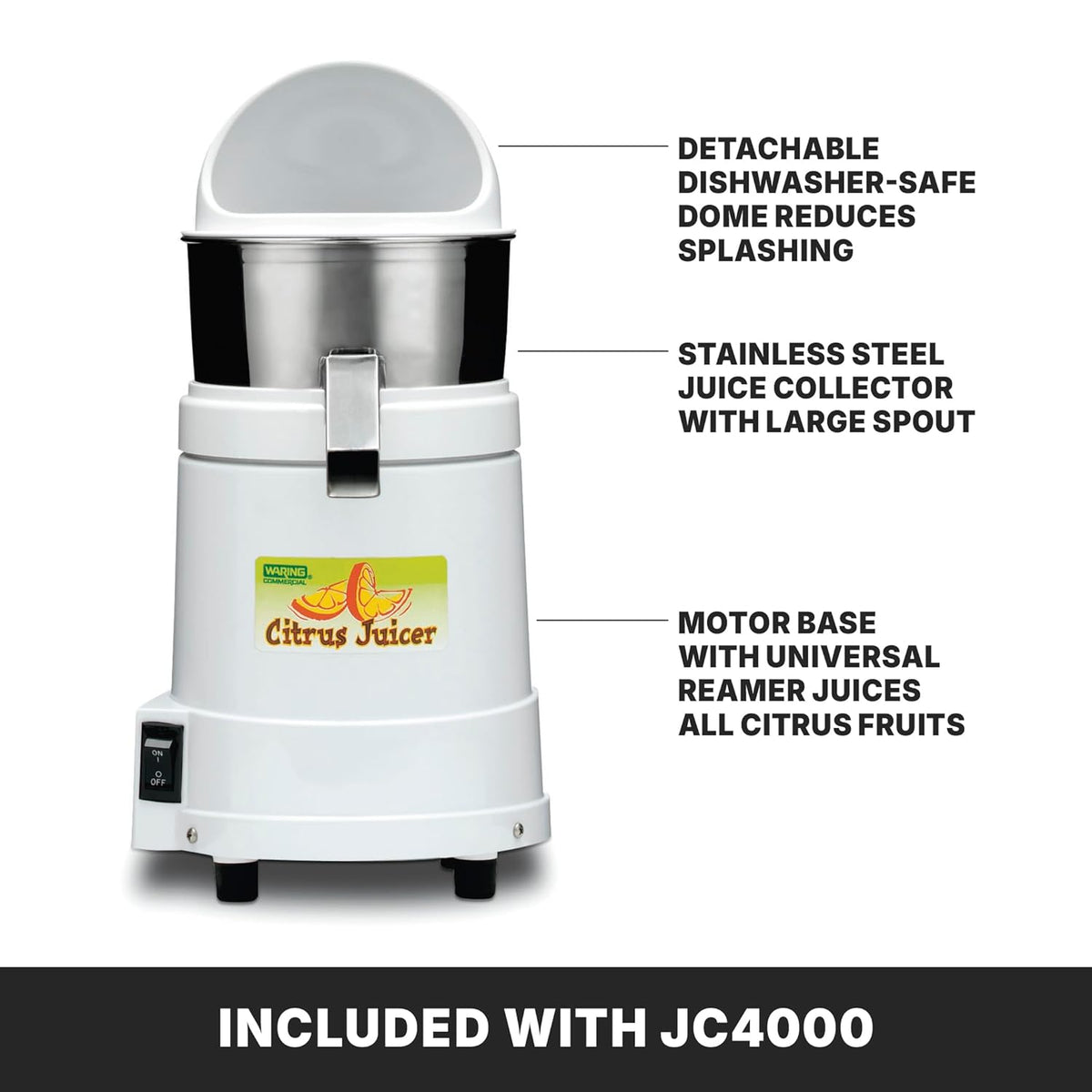 Waring Commercial JC4000 Heavy Duty Citrus Juicer with Dome, 120V, 5-15 Phase Plug, 10 x 10 x 19.5 inches, White