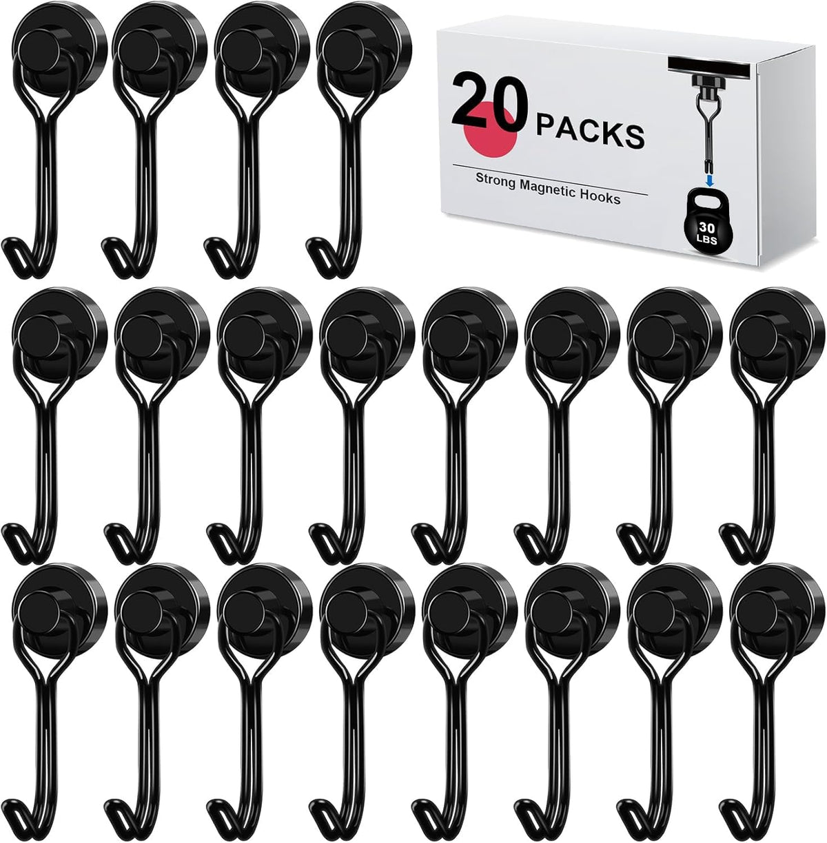 LOVIMAG Hooks, 30lbs+ Magnetic Magnet Hook 2025 Cruise Cabin Ship Essentials Heavy Duty Strong Refrigerator Fridge Hanging for Classroom Beach Vacation Kitchen Grills Home Mug Hanger (20 Pack), Black