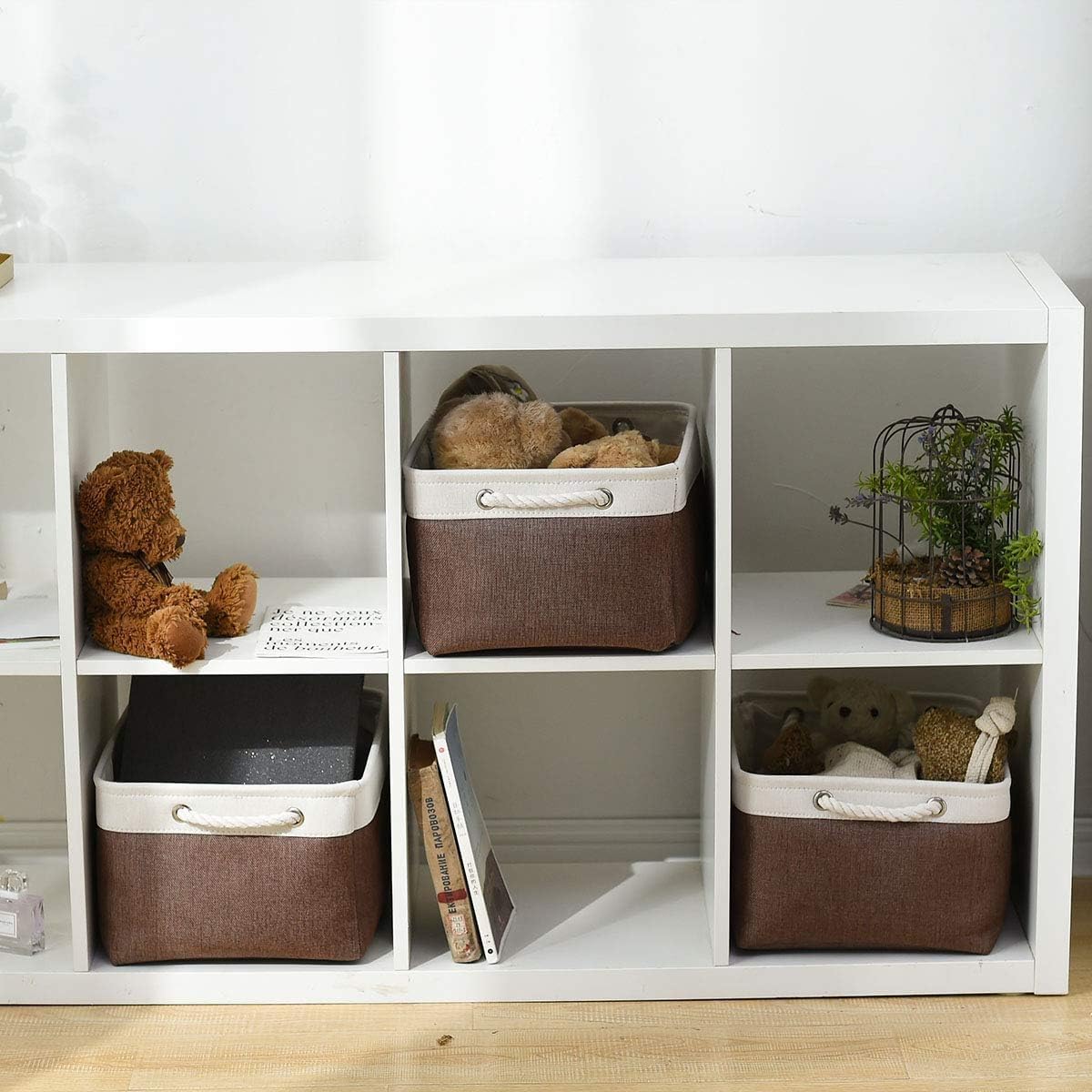 Organization and Storage Basket for Organizing - 16x12x8 inch Large 4 Pack Fabric Storage Cube Collapsible Storage Bins for Shelves, Storage Box for Cloth Books Canvas(White & Flaxen)