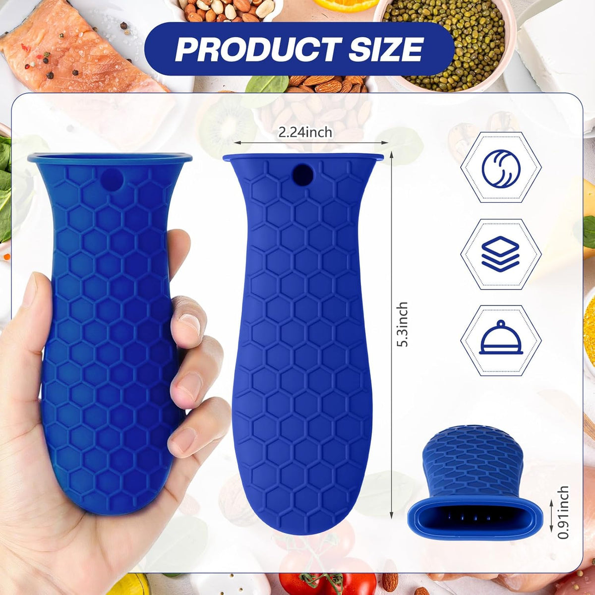 Patelai 2pcs Silicone Handle Cover for Cast Iron Skillet Kitchen Silicone Handles for Pots and Pans Non-Slip Pot Holder Sleeve for Fry Pan Griddles Metal Aluminum Cookware(Blue)