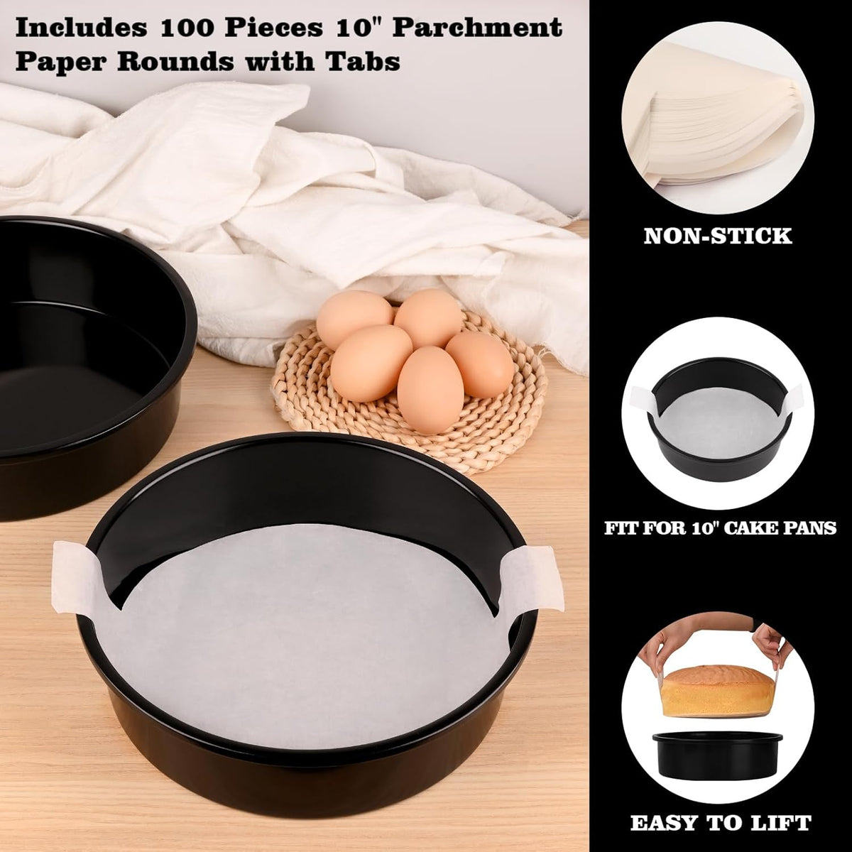 HUAKENER 10 Inch Cake Pan - Set of 2 Round Cake Pans with 70 Pieces Parchment Paper, Non-stick Cake Baking Pans, Dishwasher Safe