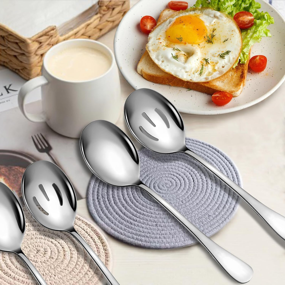 Stainless Steel Serving Spoons Set, 8pc - Includes 4 Large Spoons, 4 Slotted. Perfect for Parties/Buffet, Dishwasher Safe, 10-Inch