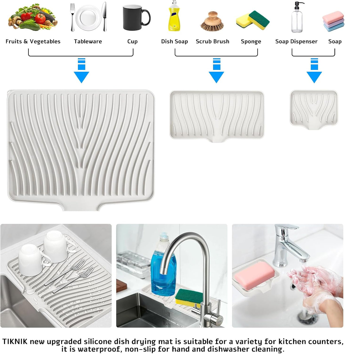 Silicone Dish Drying Mat for Kitchen Counter, Dish Drying Pad, Non-Slip Drain Pad with Built-in Drain, Heat Resistant Stone Drying Mat, 3 pcs (Cream)