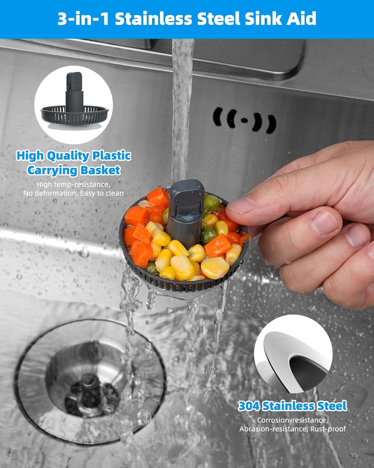 Hibbent 2 Pack 3 in 1 Kitchen Sink Drain Strainer and Stopper Combo, Stainless Steel Metal Pop Up Sink Stopper with Foldable Handle, 6 Anti-Clogging Baskets, Fit for US Standard 3-1/2 Inch Drain