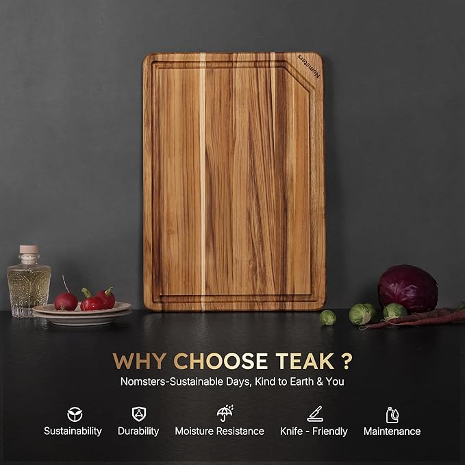 17'' Teak Wood Cutting Board for Kitchen Non Slip Charcuterie Board Serving Heavy Duty Non Toxic Wooden Chopping Board Thick Haus Edge Grain Wood, Knife Friendly Housewarming Gifts - FSC Certified