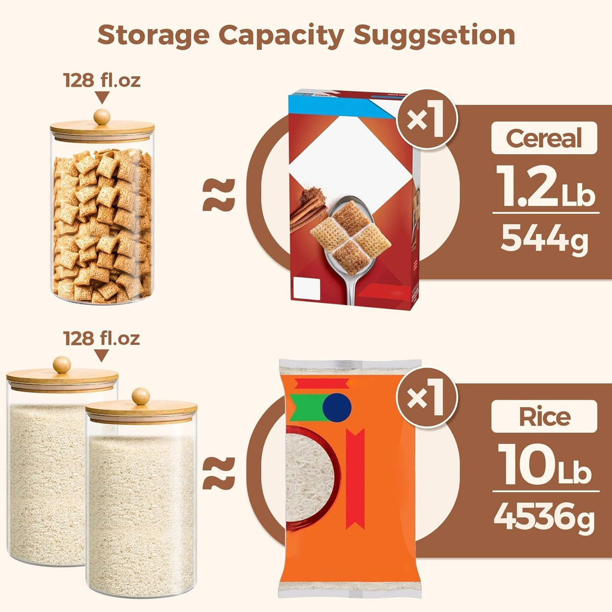 ComSaf 1 Gallon 2PCS flour sugar storage containers, Large Cookie Jar with lid, Glass Canisters with Lids, 128 OZ Food Storage Pantry Container with Spoon and Clip for Pasta, Oat, Baking Supplies