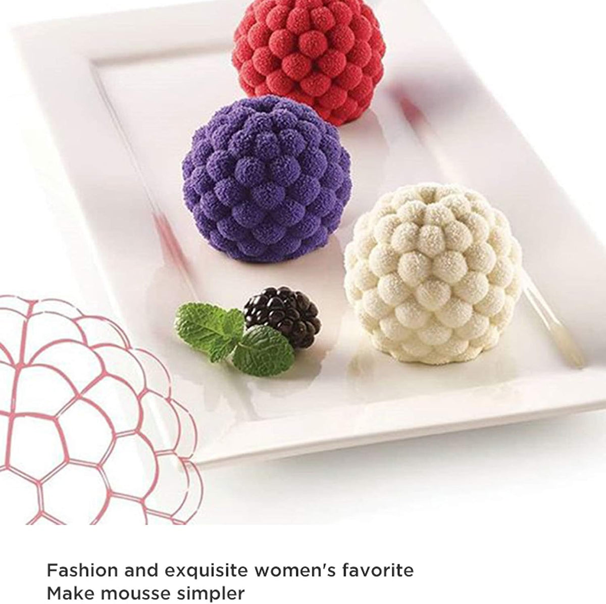 OCPO KITCHEN 3D Raspberry Silicone Mold for Baking Mousse Cake, Candy, Chocolate, Truffle, French Dessert, Pastry, Cupcake, Fruit Ice Cream Mould, Cake Decoration Mold, Raspberry Shape (4-Cavity)