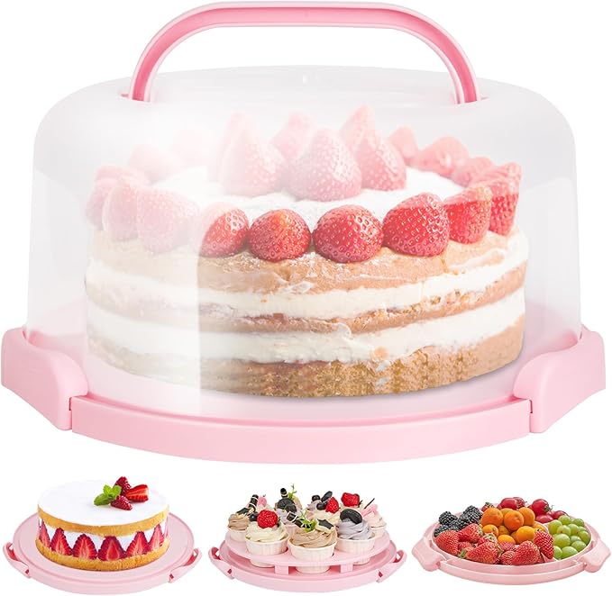 Ohuhu Cake Carrier, BPA-Free Cake Holder Storage Container Cupcake Carrier Keeper - Cake Stand with Lid 2 Handles Portable Round Two Sided Base for Cookies Nuts Fruits for 10 inch Cake Perfect Gifts