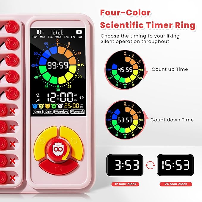 ADHD Tool for Kids, 5-in-1 Visual Timer with Chore Chart Board, Visual Schedule for Kids, 12/24 Task Timer with 99'59'' Countdown/Countup, 5 Alarms, Silent Operation Visual Schedule for Autism - Pink
