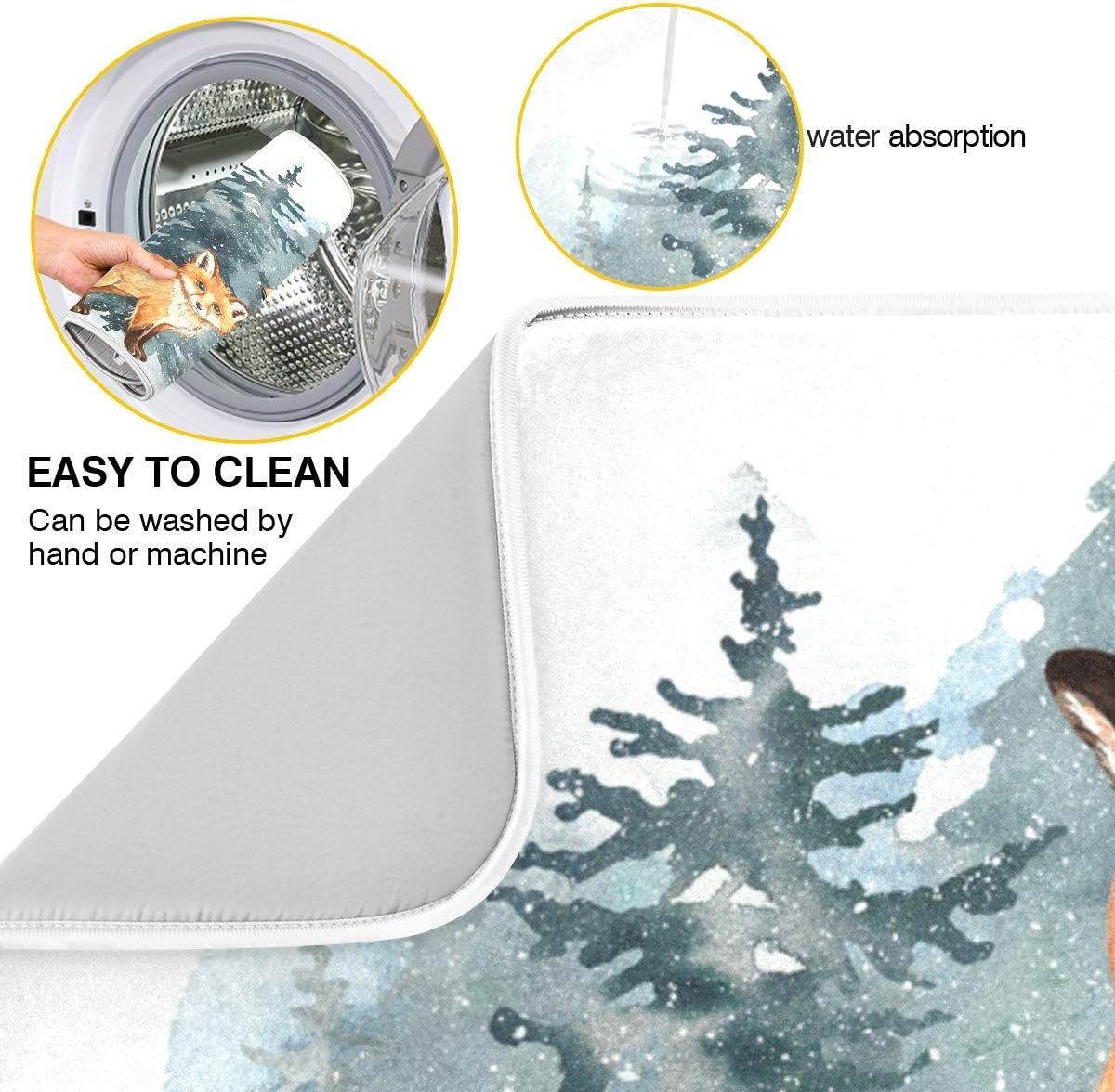 Super Absorbent Dish Drying Mat, Microfiber Fast-Drying Dish Mat, 24" x 18", Kitchen Dish Drying Pad, Watercolor Cute Fox Winter Christmas