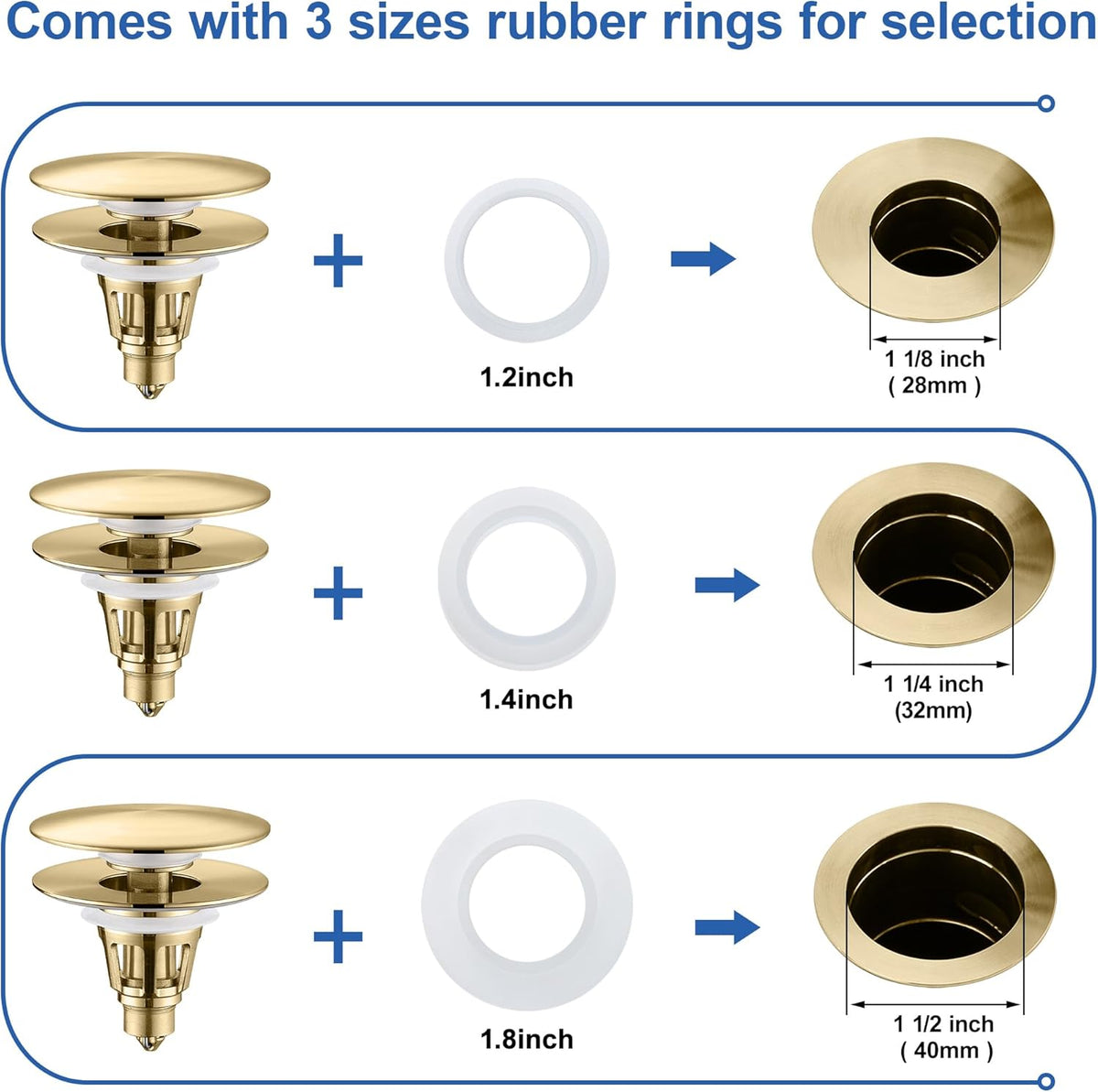 Universal Bathroom Sink Stopper - Pop Up Sink Drain Stopper, Push Button Flixfilter Sink Drain Stopper Replacement, Wash Basin Drain Filter Plug Anti-Clogging Basket, Brushed Gold