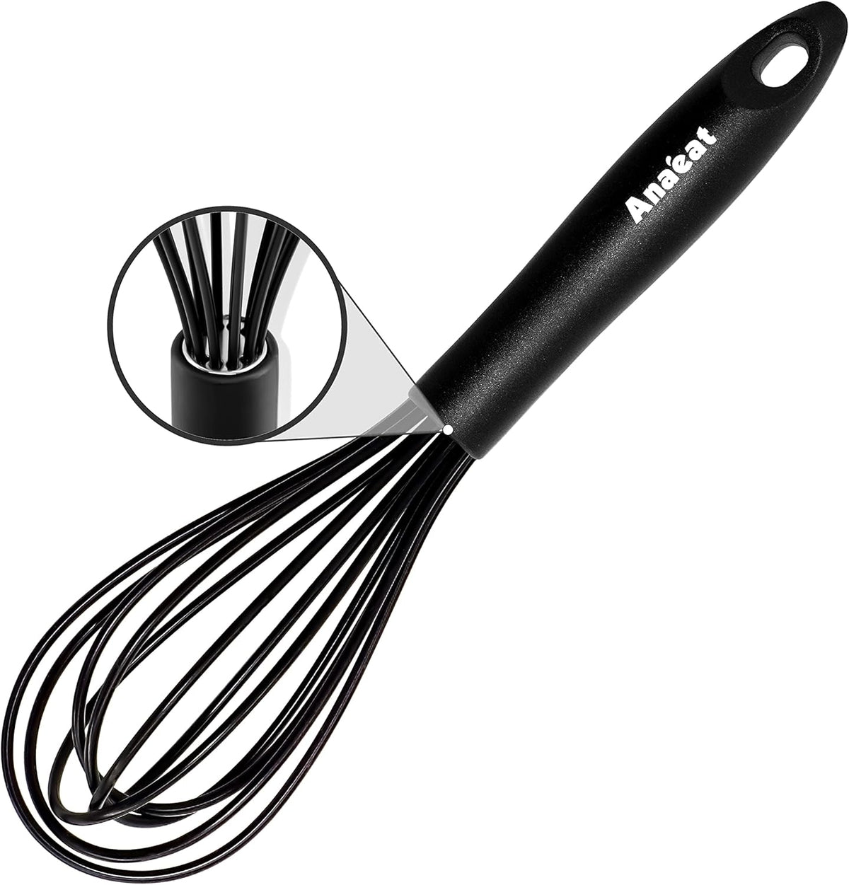 Anaeat 8.5" Silicone Balloon Whisk, Perfect for Non-Stick Cookware, Milk and Egg Beater Blender, Heat Resistant Kitchen Whisks for Whisking, Cooking, Baking, Beating, Frothing & Stirring (Black)