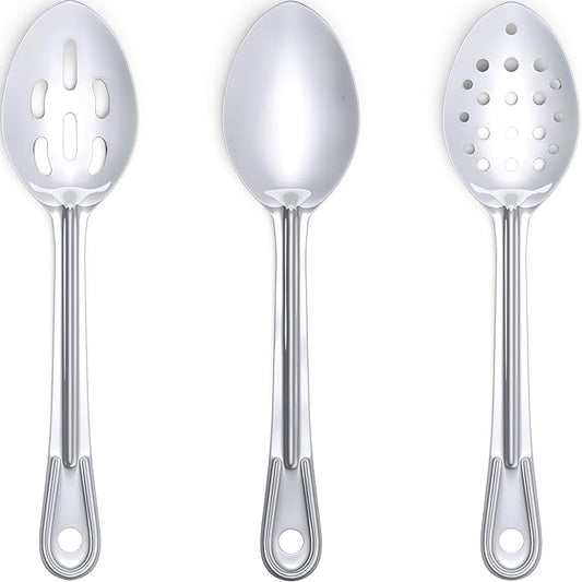 Super Strong, Ergonomic 11 in Serving Spoon 6 Pk (2 of Each Style). Big, Stainless Steel Spoons for Cooking, Baking, Stirring and Basting. Best Kitchen Flatware for Buffet and Banquet Food Service