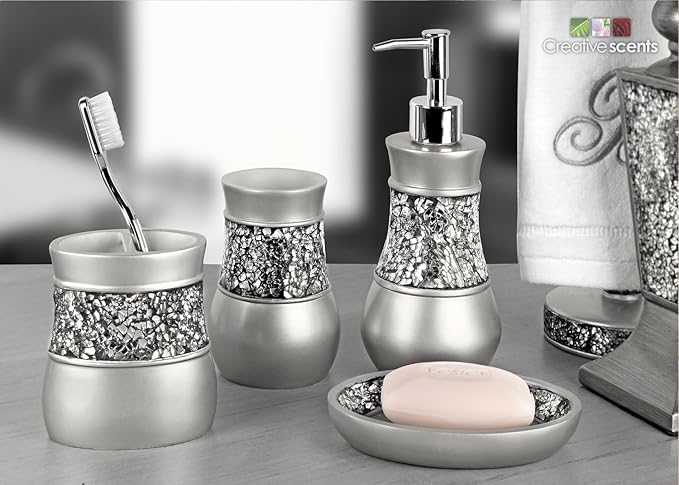 Creative Scents Crackled Glass Bathroom Tumbler Cup - Decorative Silver Crackled Glass Rinse Mug for Water, Best Tumblers for Mouthwash/Rinsing
