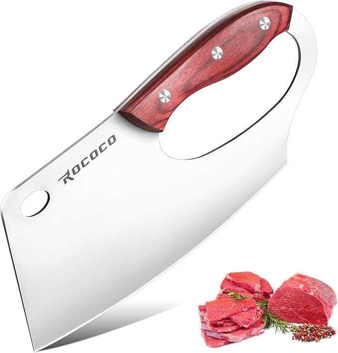 ROCOCO Meat Cleaver Knife Unique Effort Saving Professional Stainless Steel Kitchen Chef Cooking Knives for Cutting Meat Vegetable Thanksgiving Christmas Gift Red Full Tang 7.48"