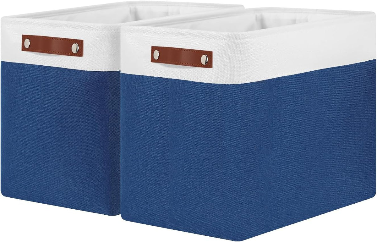 DULLEMELO Extra Large Storage Baskets, Fabric Storage Bins for Organizing Shelves Nursery Toys Books, Closet Baskets and Bins with Handles, White&Blue, 2-Pack