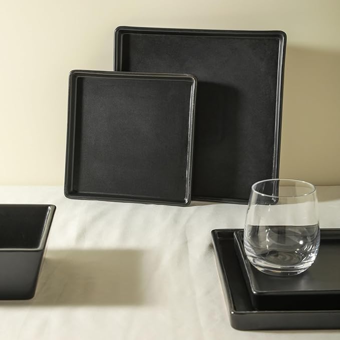 Stone Lain 24 Pieces Stoneware Square Dinnerware Set, Black Matte