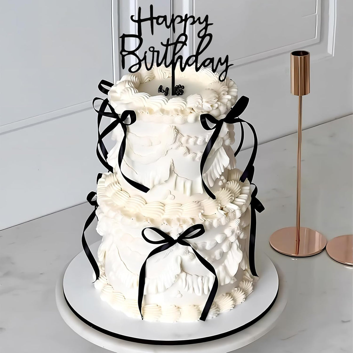 Black Bow Cake Topper Bowknot Ribbons Cupcake Toppers Bow Tie Cake Decorations Black Coquette Bows Cupcake Dessert Picks Happy Birthday Pick for Girl Birthday Princess Wedding Party Supplies 7Pcs