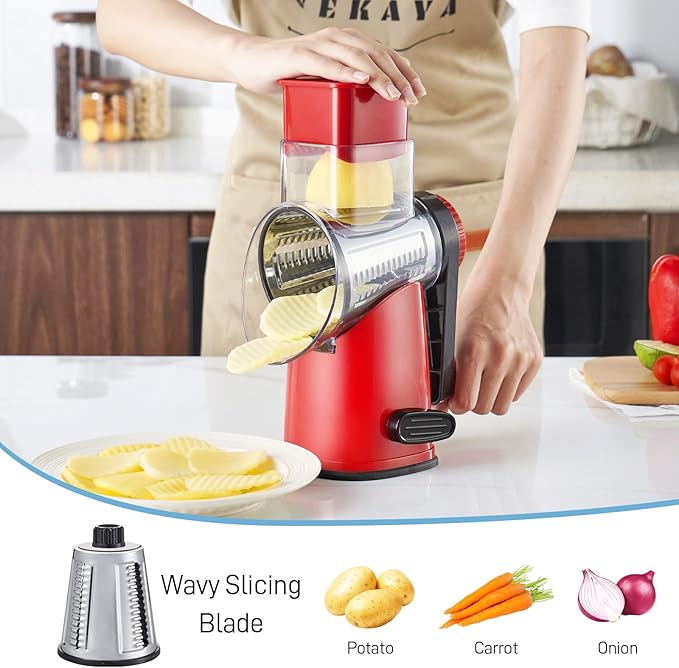 VEKAYA Cheese Grater, Cheese Grater Hand Crank, 4 Interchangeable Blades Cheese Shredder, Vegetable Slicer, Non-slip Suction Base, Easy to Clean Rotary Grater with Handle (Red)