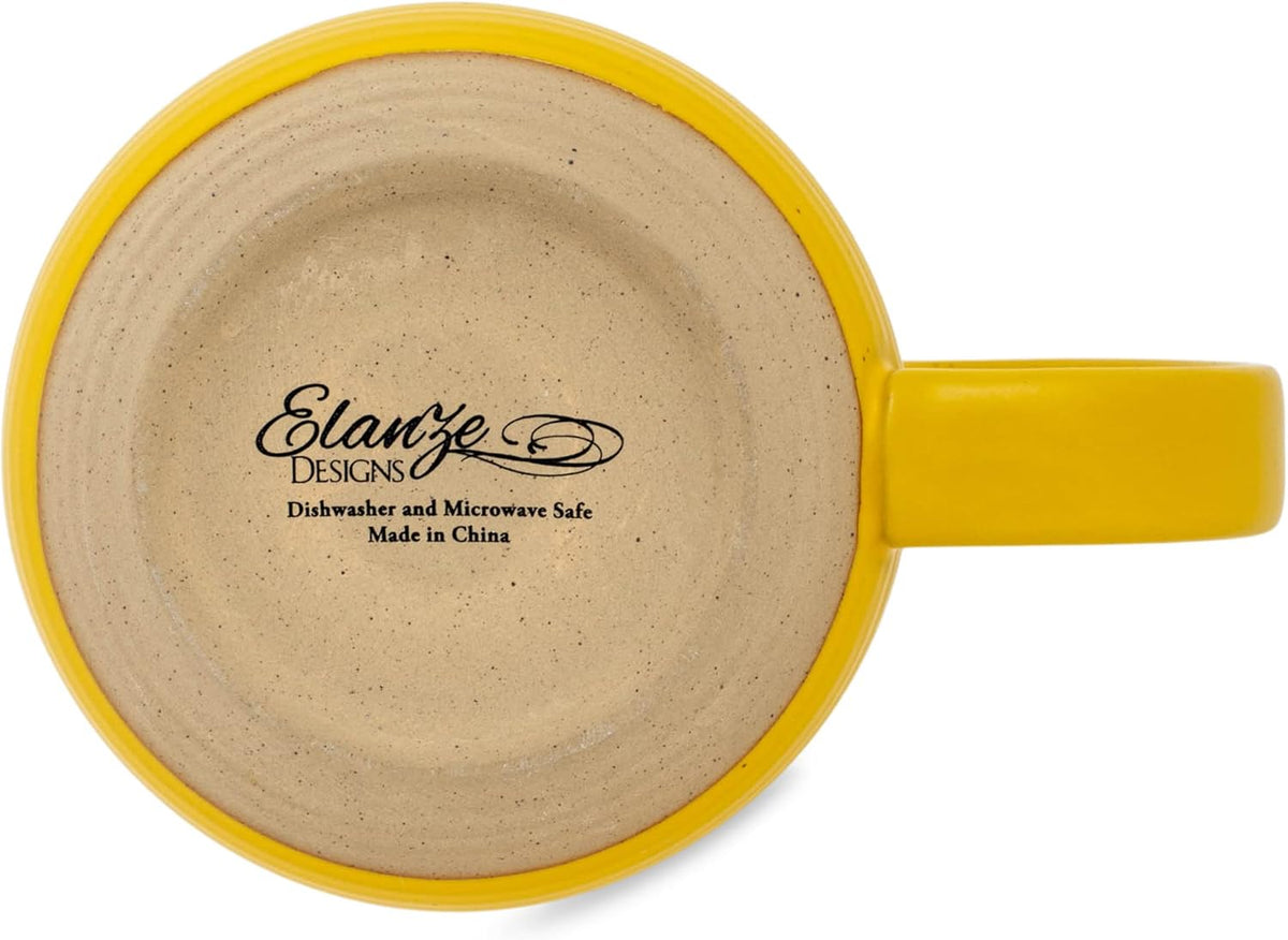 Elanze Designs Ribbed Ceramic Stoneware 16 ounce Raw Clay Bottom Coffee Mugs Set of 4, Mustard