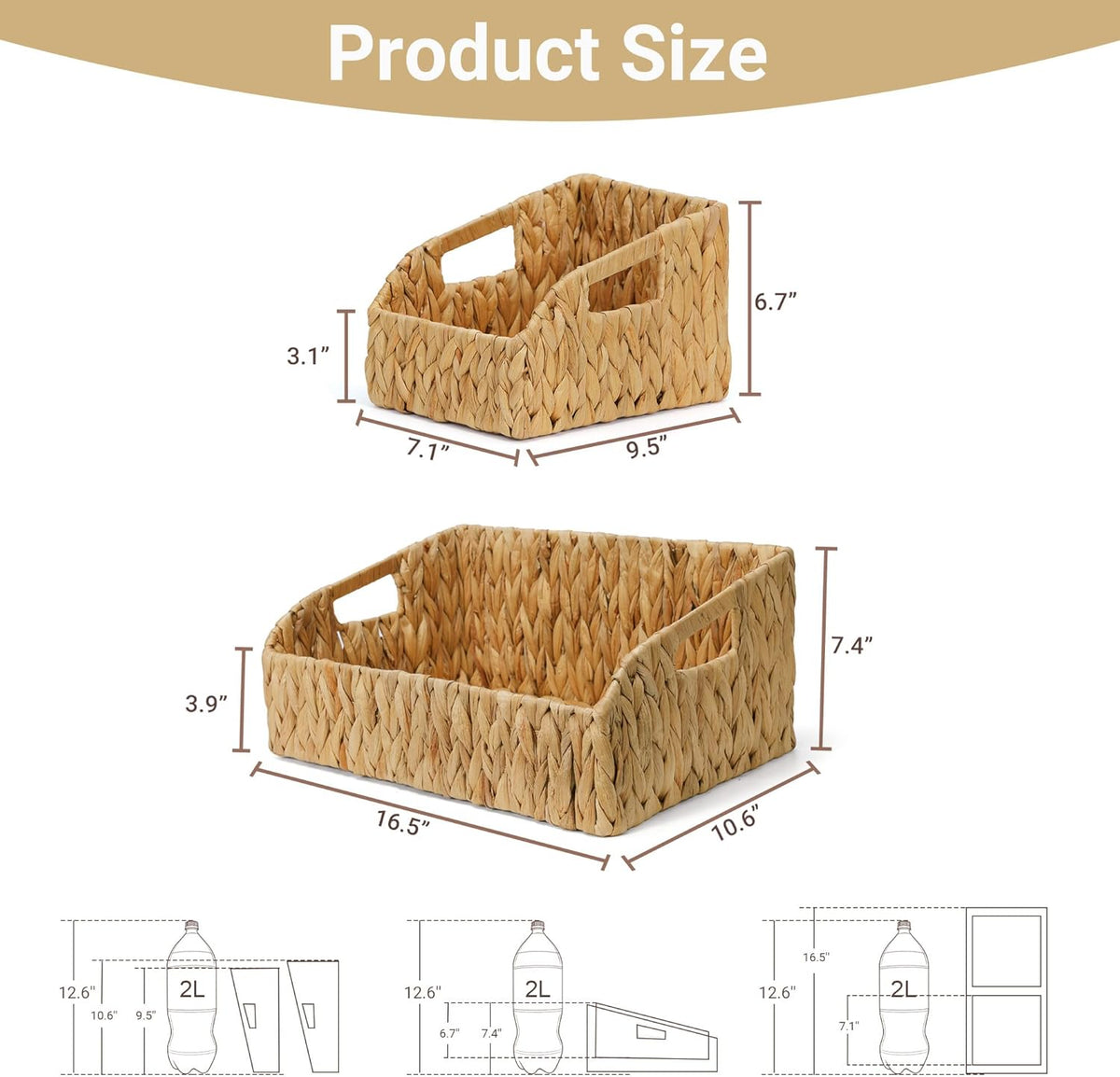 Wicker Baskets for Organizing, Pantry Baskets with Handles, Handwoven Wicker Storage Basket, Water Hyacinth Storage Bins for Shelves, Boho Decoration, 3 Pack,Natural