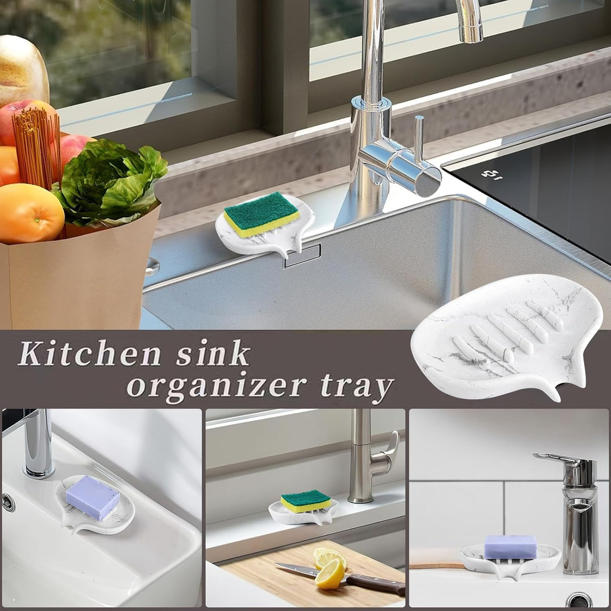 Soap Dish with Drain- Self Draining Bar Soap Holder for Shower, Marble Look Soap Savers Soap Tray Sponge Holder for Kitchen, Bathroom, Bathtub Sink, White