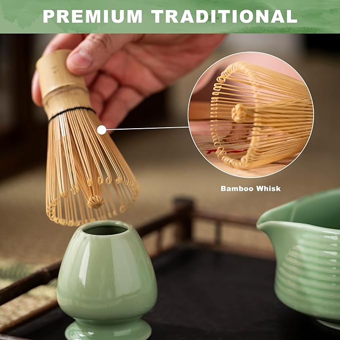 Matcha Whisk Set,(8Pcs) Includes Ceramic Matcha Bowl, Whisk, Holder, Scoop and Spoon, Rest, Sifter, Tea Towel,Traditional Tea Ceremony Set Gift(Green)