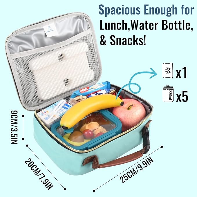 Genteen Lunch Box for Men Women Adults Kids - Insulated LunchBox Reusable, Zip Closure & Buckle Handle, Portable Cooler for Work, School, Travel (Light Green)