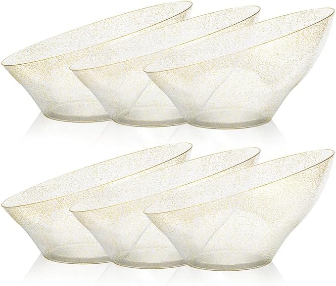 BESTVIP 54oz Clear with Gold Glitter Serving Bowls for Party - 12 Pack Angled Disposable Serving Bowls for Chips, Snacks, Fruit, Salad - Decorative Catering Bowls for Daily Use,Halloween, Christmas