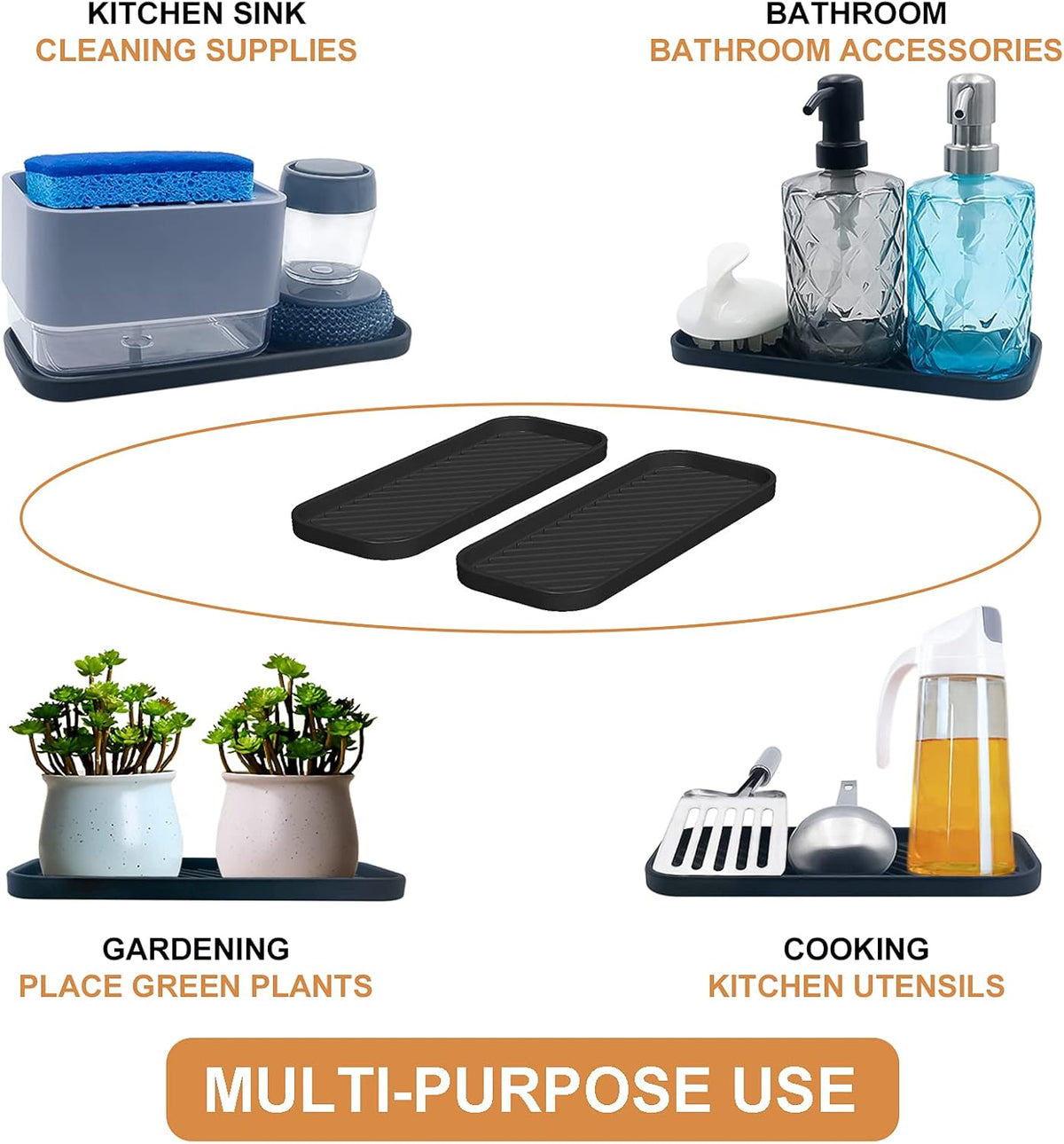 Silicone Organizer Tray, Soap and Sponge Holder for Kitchen Sink, Bathroom - Storage Tray for Dish Brush, Soap Dispenser, Dishwashing Accessories- 2 Pack (Black)
